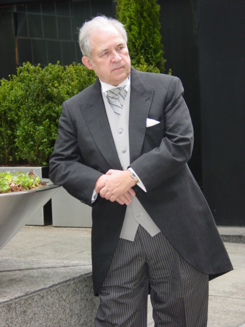 I have tried on my costume - formal morning coat, striped pants, ascot and vest - for my show, Town Attorney General Meeting. Click on image to view in full.